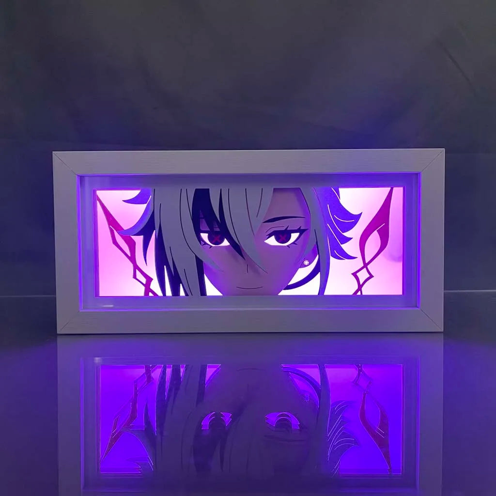 Boîte à lumière LED Arlecchino Genshin Impact dans une chambre d'ado décorée