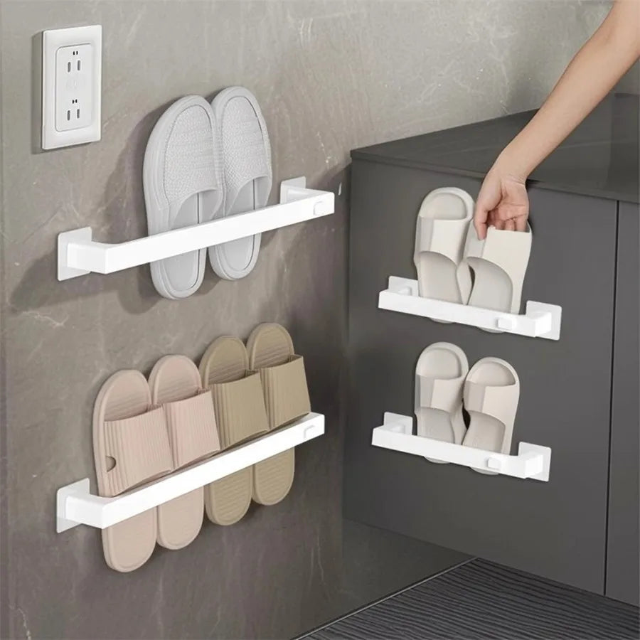 support rangement mural sabots moderne adhésif rose clair beige bleu gris rayures horizontales plastique