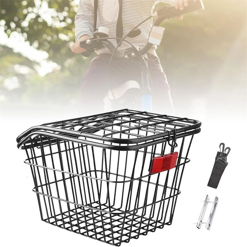 panier vélo arrière acier noir argenté treillis couvercle classique utilitaire fixations clips réflecteur rouge
