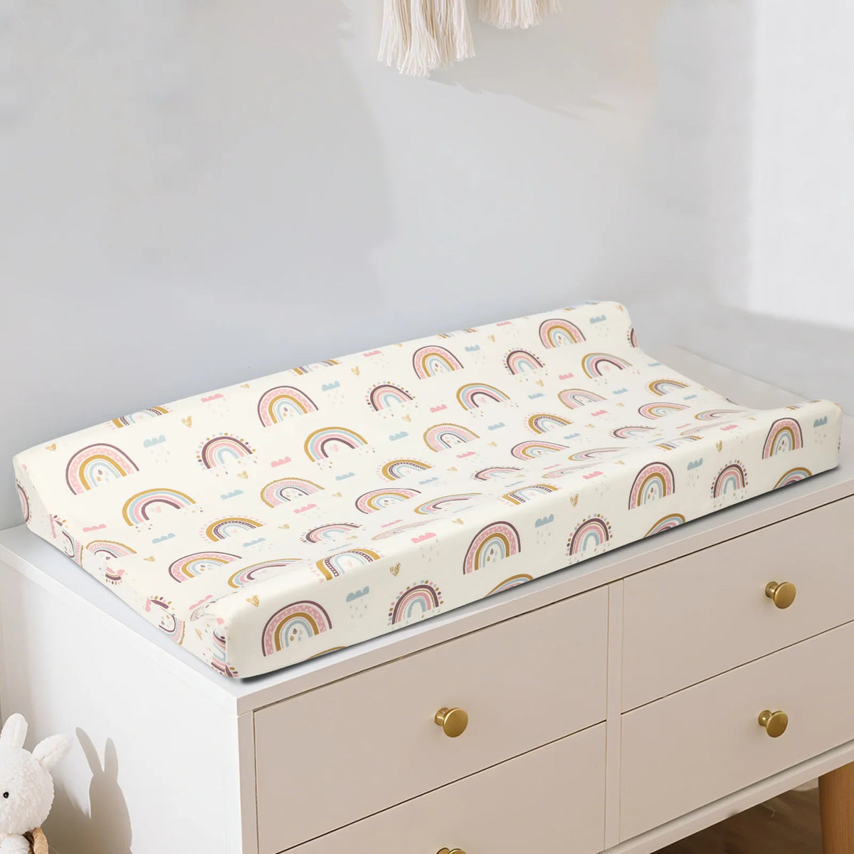 tapis changement bébé gris clair coeurs arc ciel cygnes élastiques moderne doux rose pâle