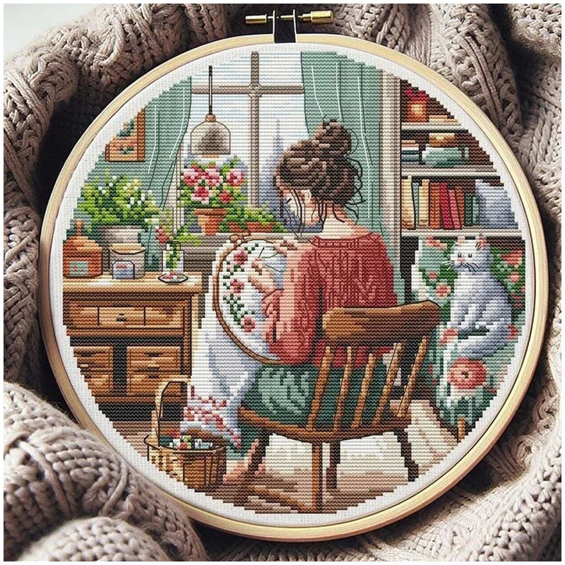 kit broderie motifs floraux géométriques fils coton instructions aiguille plié toile coton colorée loisirs