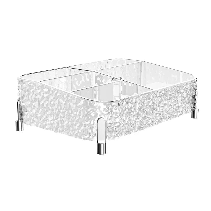 organisateur maquillage transparent moderne strass dorés pieds métalliques compartiment divisé fourre tout rechargeable pliable