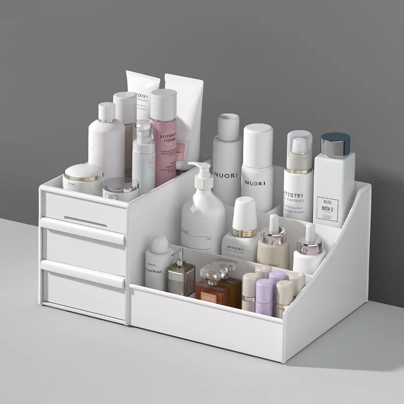 organisateur rangement cosmétiques blanc tiroirs transparents modernes compartments poignées grilles