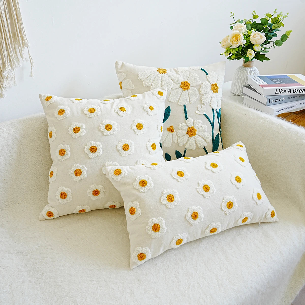 housse coussin brodée fleur blanche marguerite décoration maison salon blanc opacité décorative fixations deux
