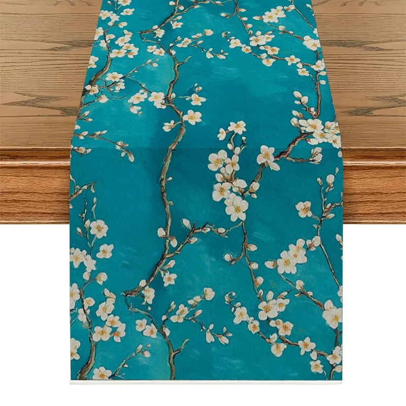 drapeau table lin bleu turquoise fleurs blanches moderne floral 30x45cm 90x120cm 150x180cm