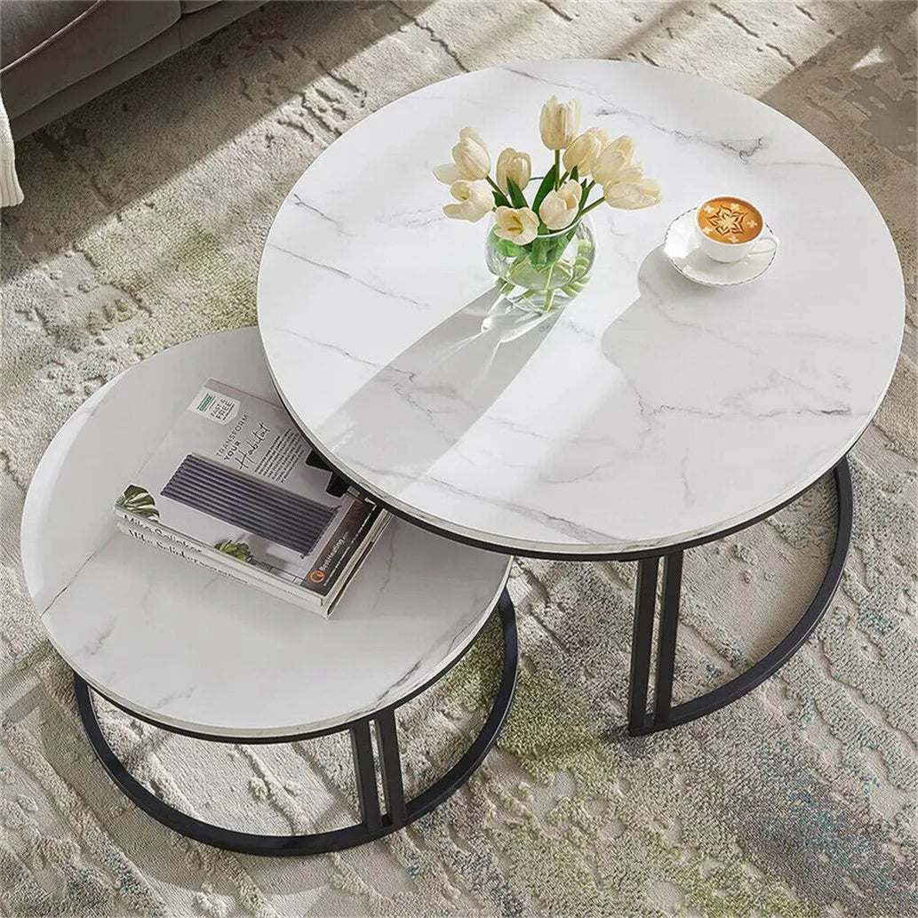 tables basses modernes marbre blanc gris pieds métalliques ensemble deux minimalistes assemblage
