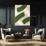 peinture l'huile abstraite contemporaine vert foncé vert clair beige lignes ondulées toile sans cadre