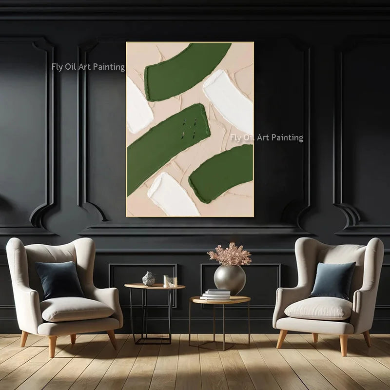 peinture l'huile abstraite contemporaine vert foncé vert clair beige lignes ondulées toile sans cadre