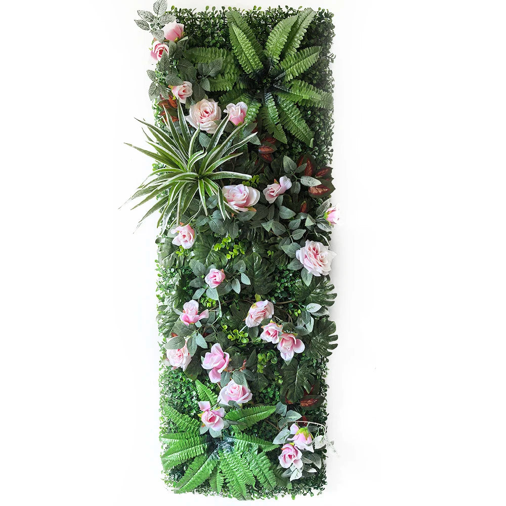 panneau végétal artificiel fleurs roses feuilles vertes décoration murale jardin mariage extérieur intérieur moderne