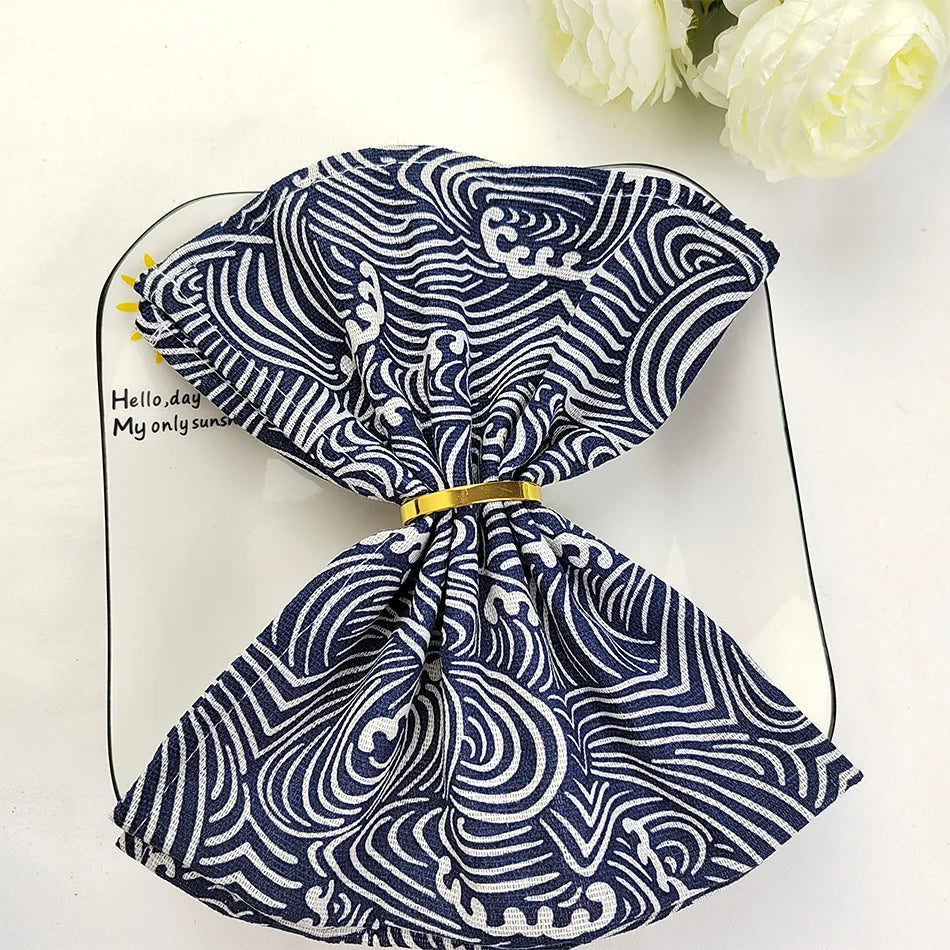 serviettes cuisine bleu marine blanc motif ondulé clips dorés moderne 30x45cm poly coton nhà