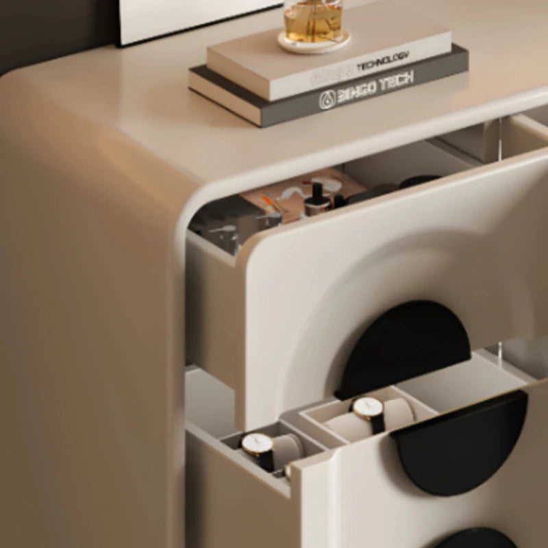 meuble multifonctionnel moderne tiroirs miroir tabouret bois géométrique beige noir