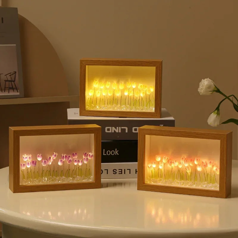 cadre lumineux bois tulipes reliefs feuilles pierres contemporain minimaliste déco chambre ambiancé led