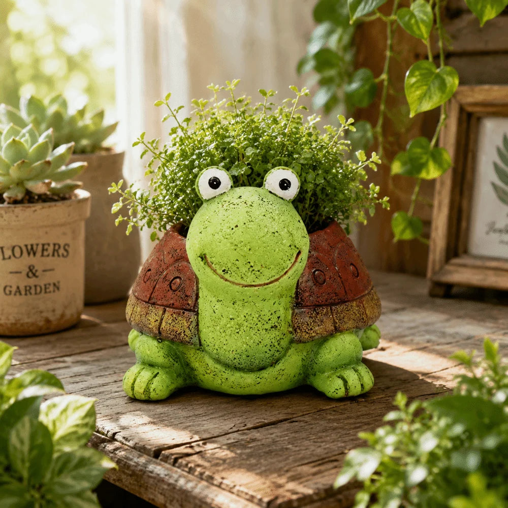 cache pot résine forme chien tortue lapin décoration table plantes animaux vert marron gris
