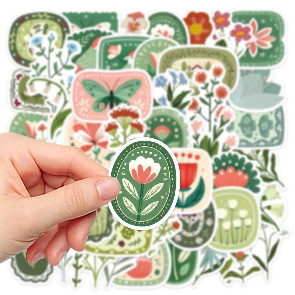sticker rétro fleurs vertes papillons feuilles géométrique scrapbooking journal bagages illustration adhesive