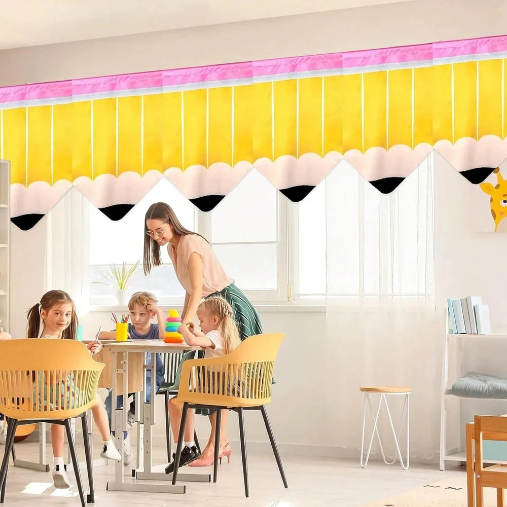 rideaux polyester crayon motif anniversaire retour école moderne enfantin jaune rose blanc