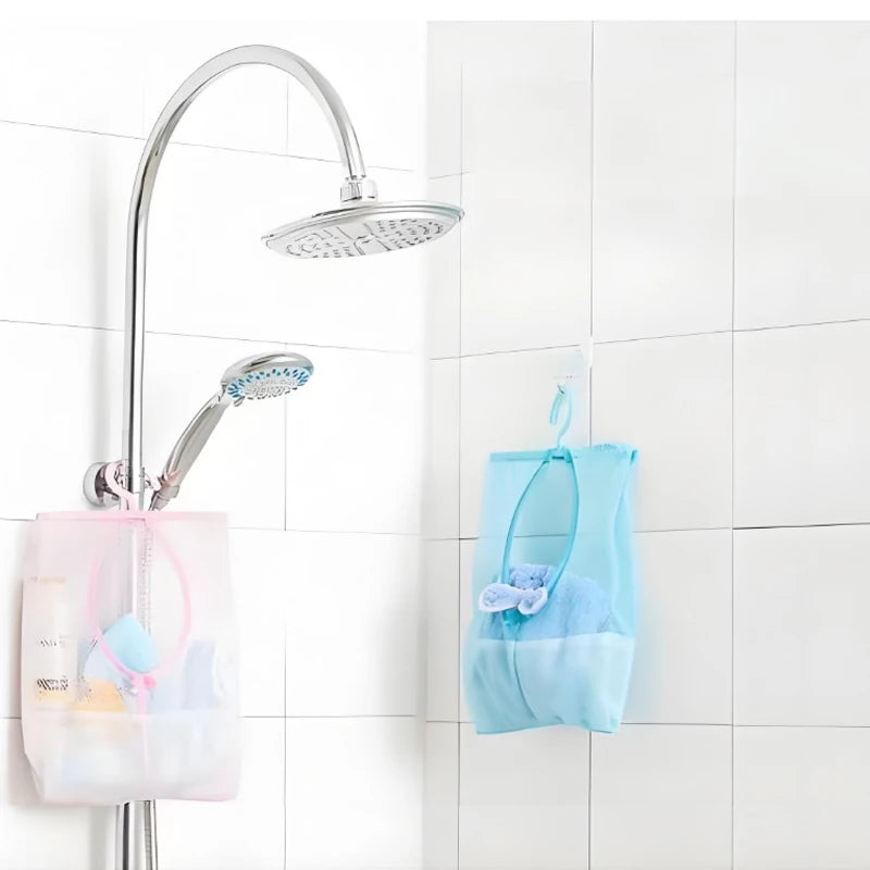 organisateur suspendu bain blanc rose bleu maille alvéolée minimaliste utilitaire