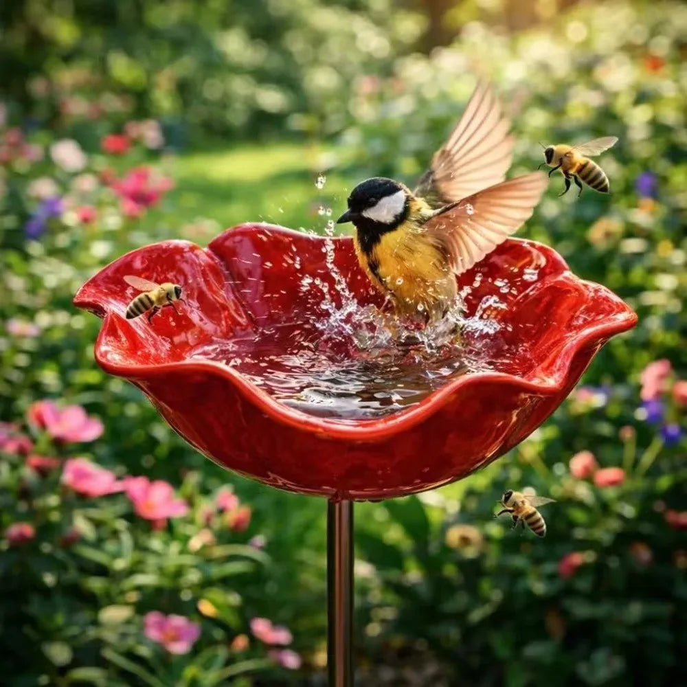 fontaine oiseaux rouge fleur stylisée moderne extérieur tringle fixe jardin métal résistant rouille