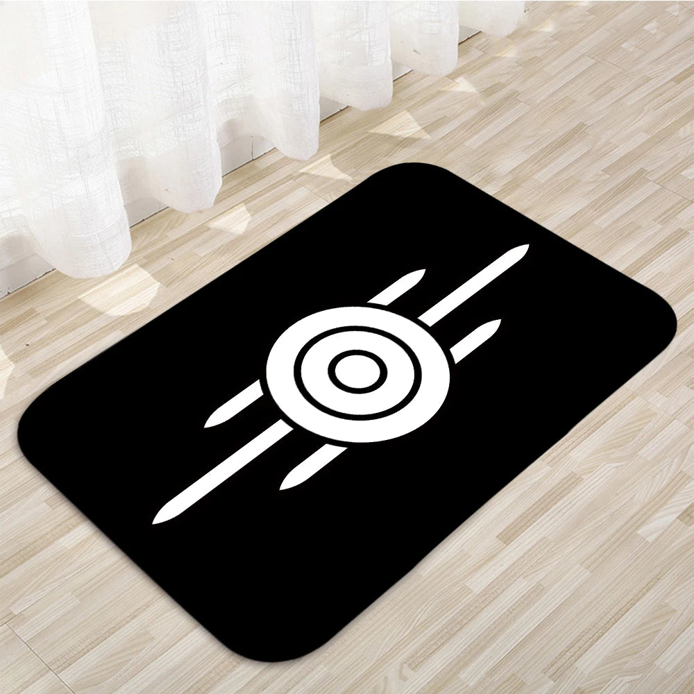 tapis noir bleu blanc logo vault tec antidérapant moderne graphique sol couloir polyester
