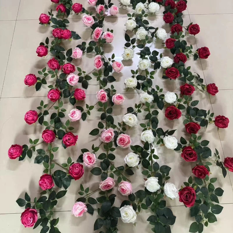 guirlande fleurs artificielles roses feuilles vertes décoration intérieure classique 1.7m 7cm rouge rose blanc