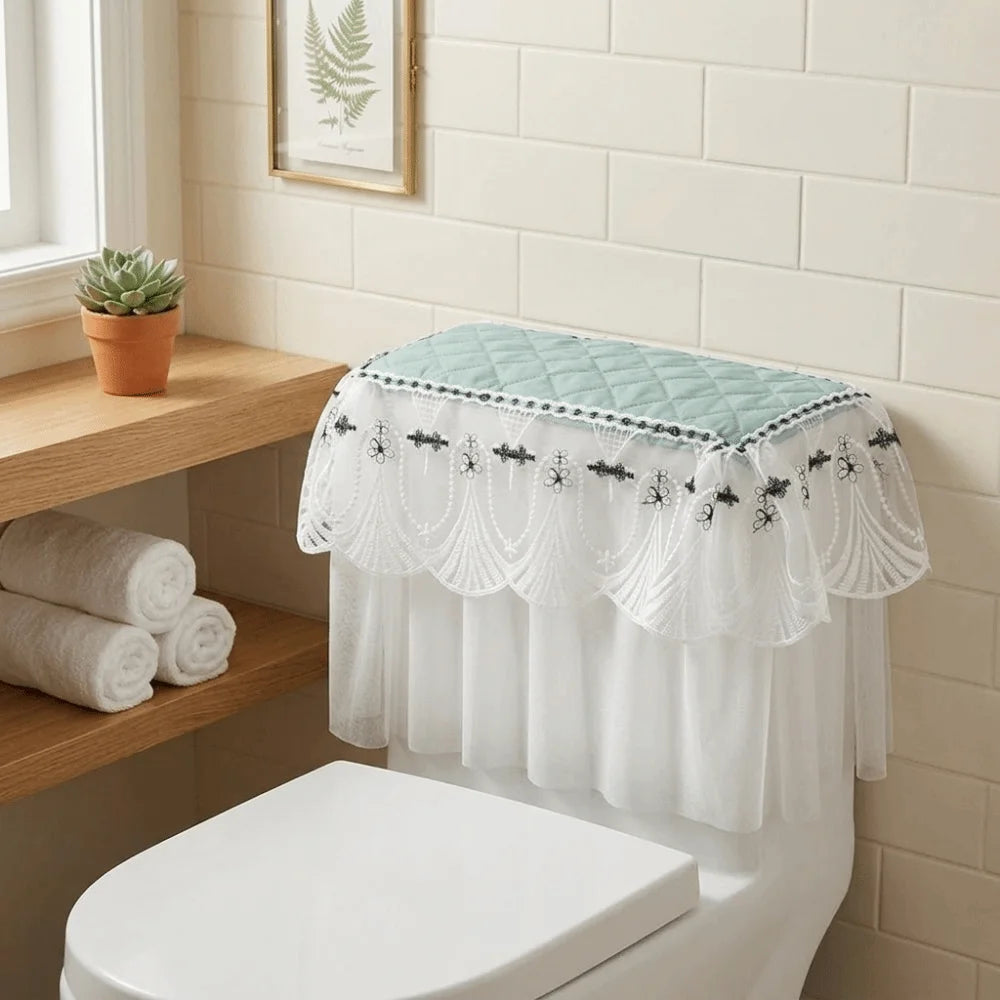 couvre seize toilette brodé bleu marine blanc élégant classique tissu épais plis franges