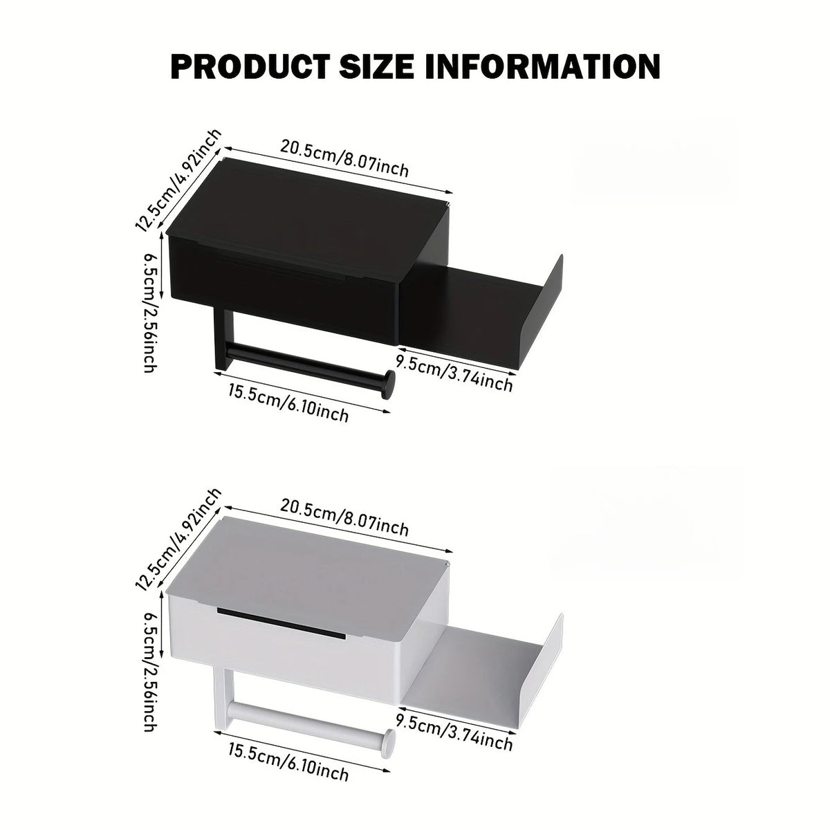 rangement mural moderne noir blanc salle bain porte papier toilette support smartphone éléments diffuseur