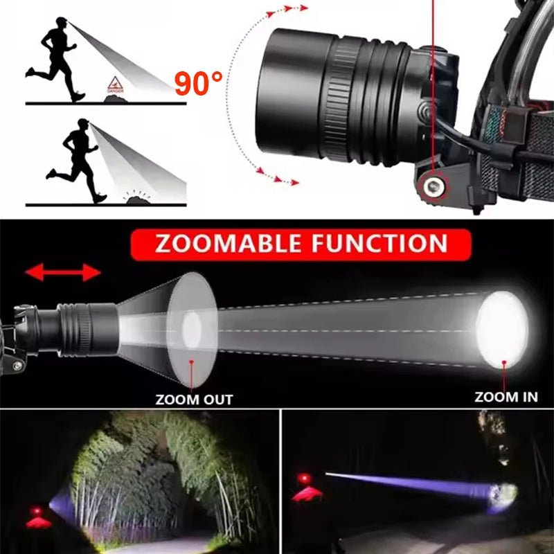 lampe frontale led sportive rechargeable modes lumiere extérieure fishing bandes élastiques orange rouge
