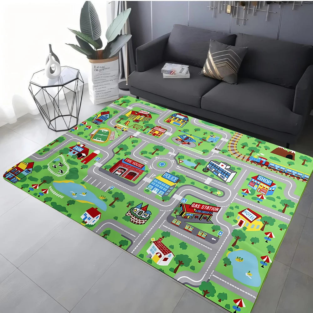 tapis moderne ville miniature bleu vert gris enfant route building voiture avion 60x90cm