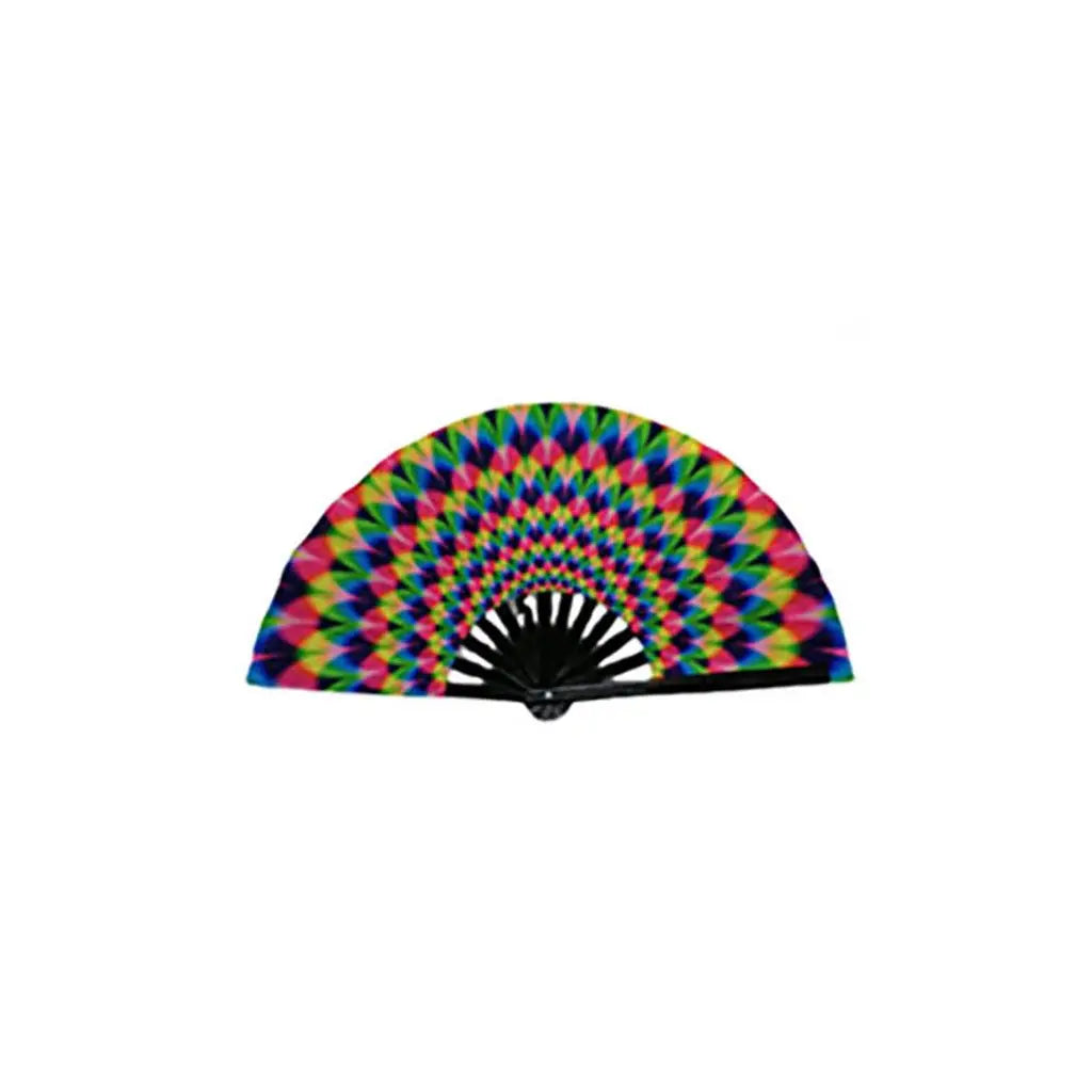 éventail pliant bambou tissu noir multicolore motif géométrique classique moderne