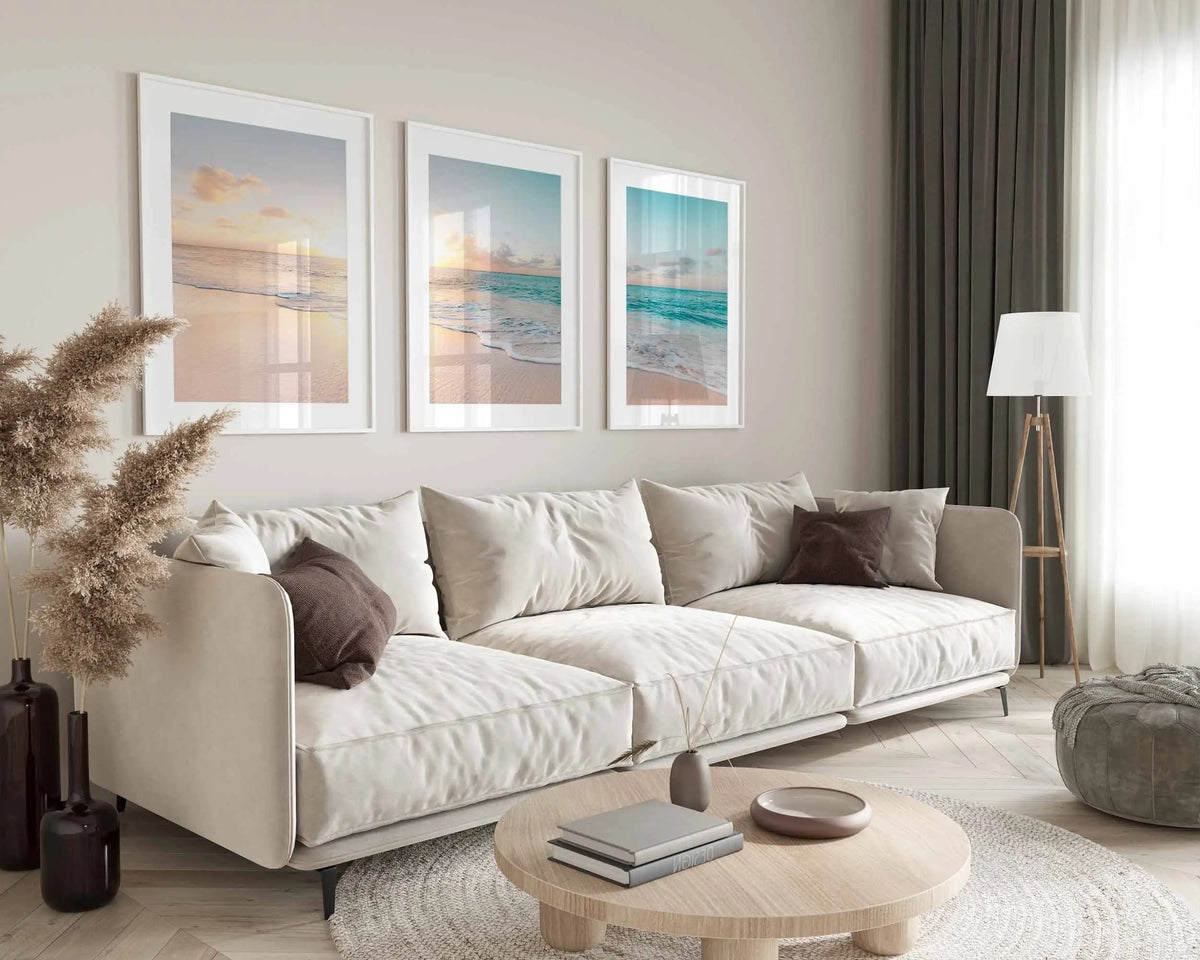affiches murales moderne paysage marin coucher soleil beige blanc bleu clair rose pâle minimaliste