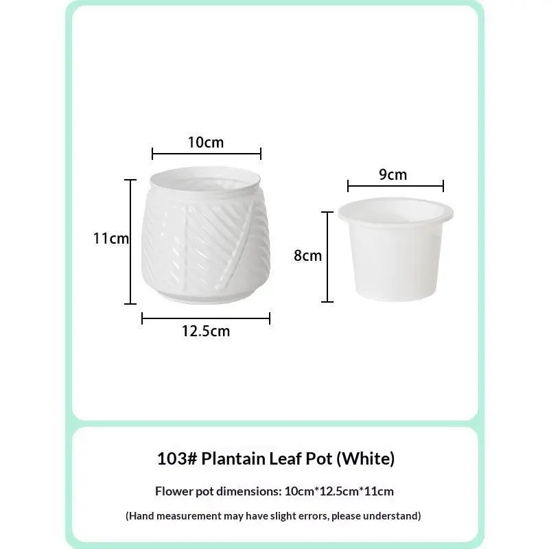 pots fleurs auto arrosants plantes vertes moderne geometrie feuilles ovales plastique blanc