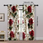 rideau classique roses rouges feuilles vertes motifs dorés polyester blanc rouge vert opaques