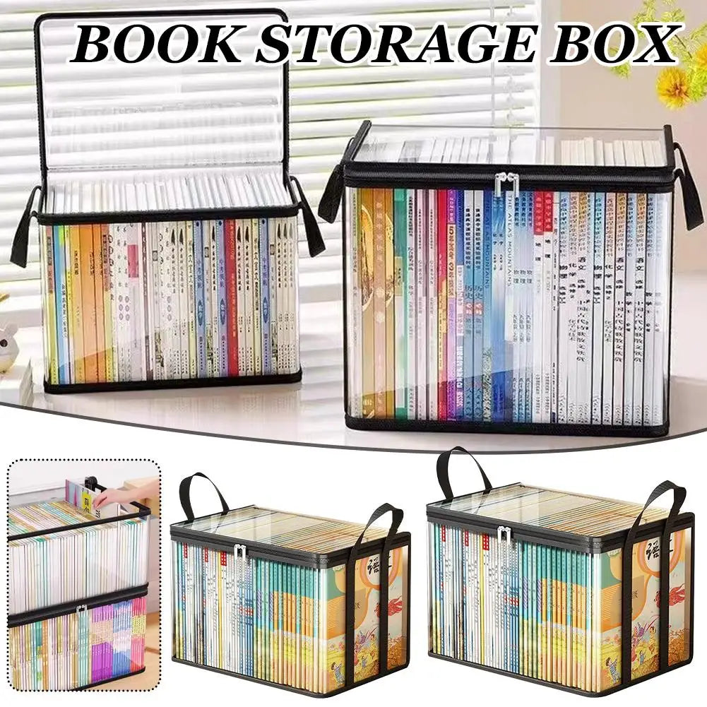 boîtes rangement livres pvc transparentes imprimées couvertures colorées poignées noires moderne pliables anti poussière