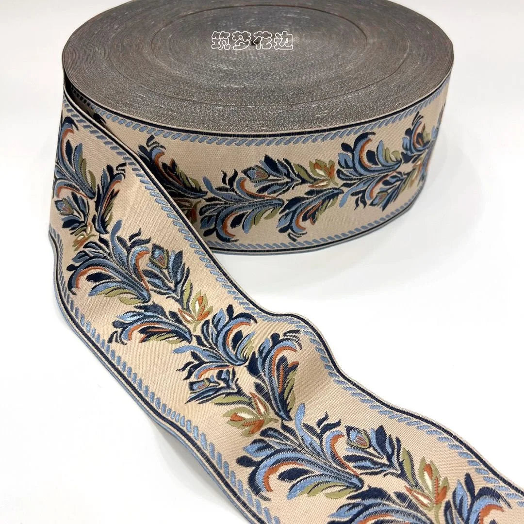 ruban decoratif floral brode 8cm largeur polyester vert beige bleu marron rose blanc