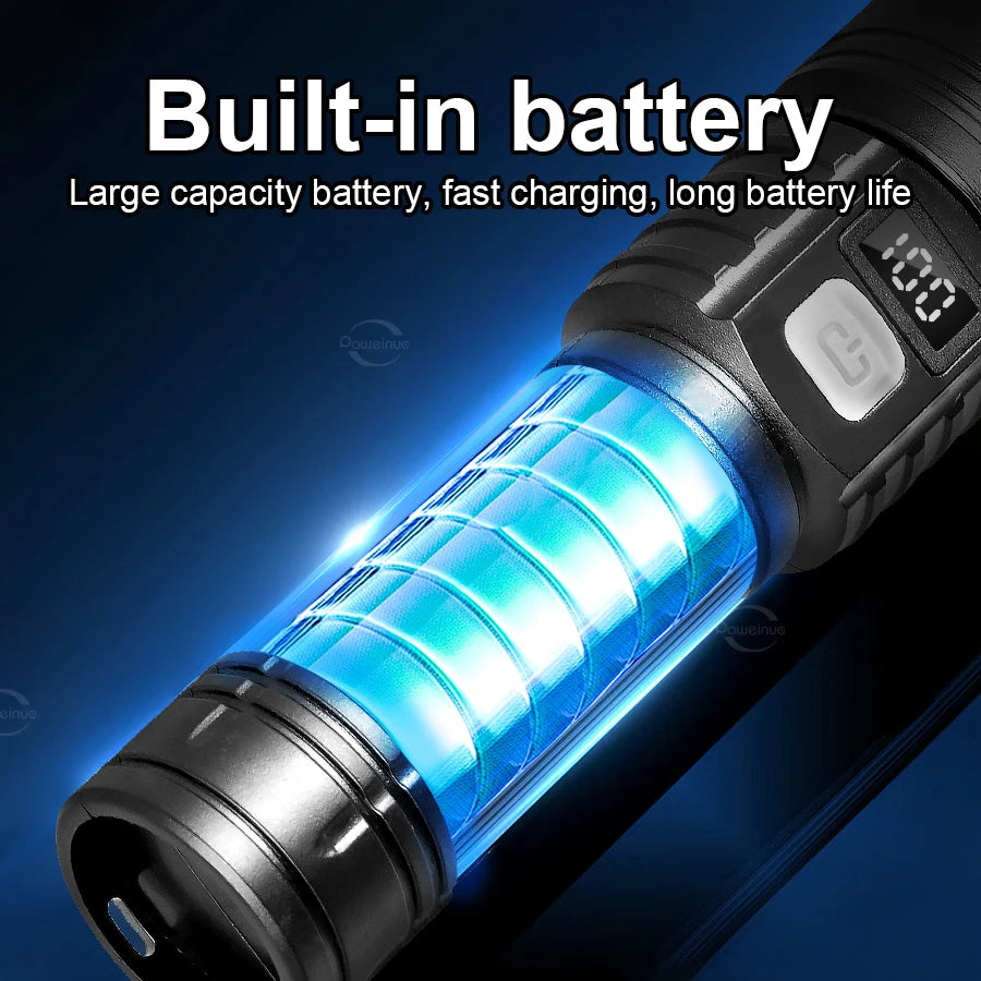 lampe torche rechargeable led 30w zoom longue portée noir affichage numérique