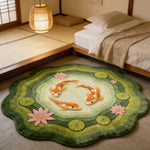 tapis poissons lotus salon rose vert artisanal réaliste poissons feuilles fleurs