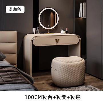 coiffeuse moderne maquillage miroir lumineux tabouret compartiments tiroirs étagère arrière beigeclair minimaliste