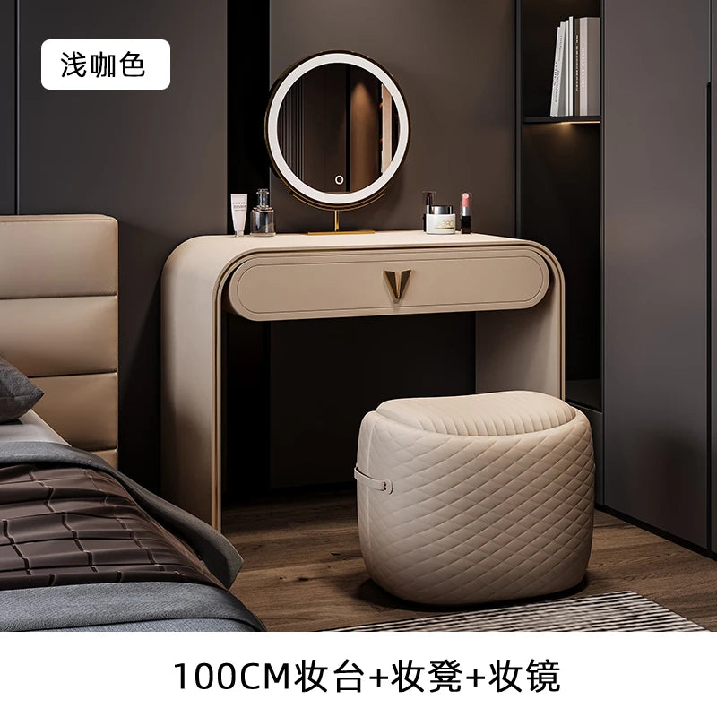 coiffeuse moderne maquillage miroir lumineux tabouret compartiments tiroirs étagère arrière beigeclair minimaliste