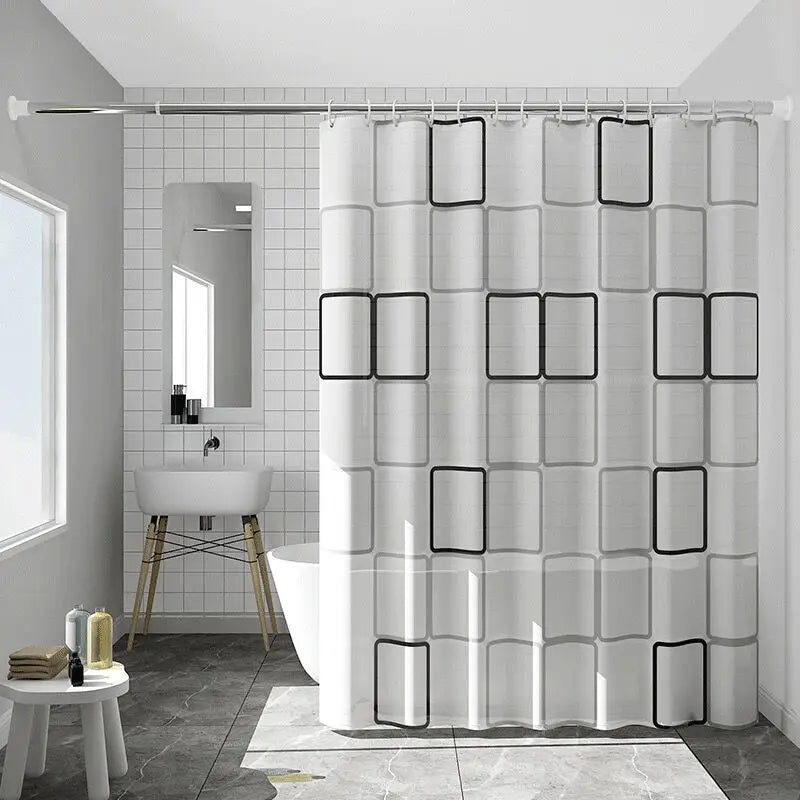 rideau douche géométrique blanc gris moderne anneaux fixation opaquant éva