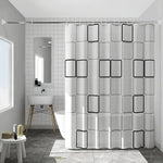 rideau douche géométrique blanc gris moderne anneaux fixation opaquant éva