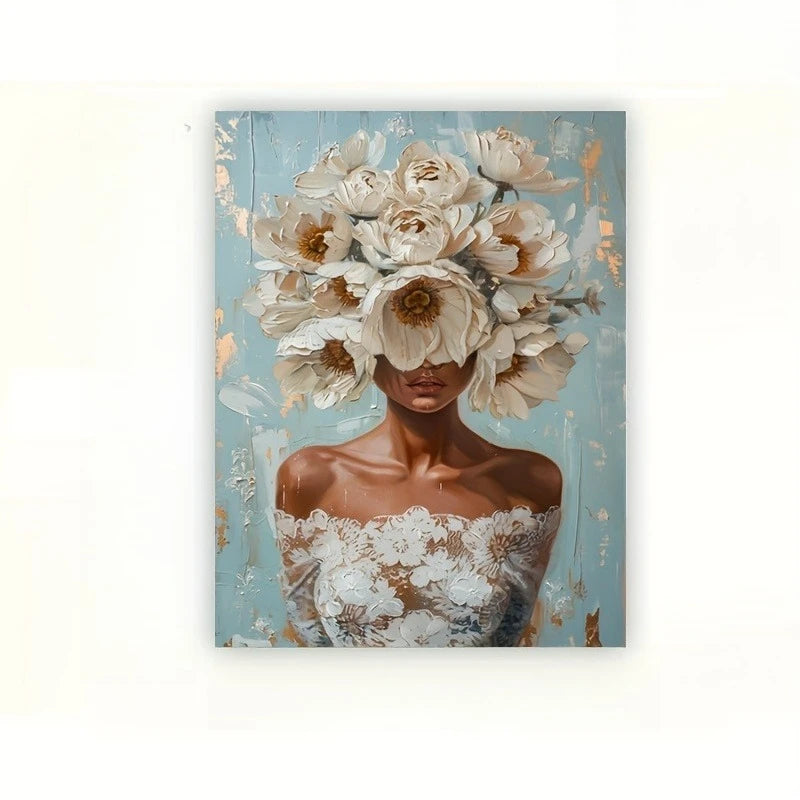 tableau moderne abstrait fleurs blanches toile sans cadre 60x80cm 50x70cm bleu clair doré decoration