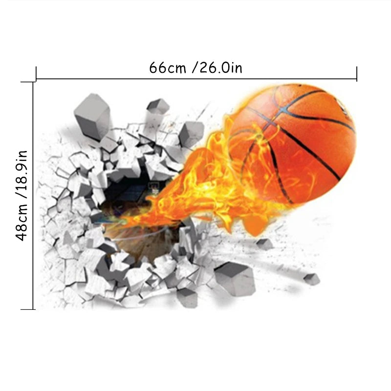 autocollant mural 3d sportif balle basket rayures noires fond texturé béton orange dynamique chambre
