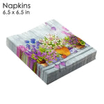 serviettes papier serviettes florales motif fleurs pots arrière plan bois rose violet bleu jaune