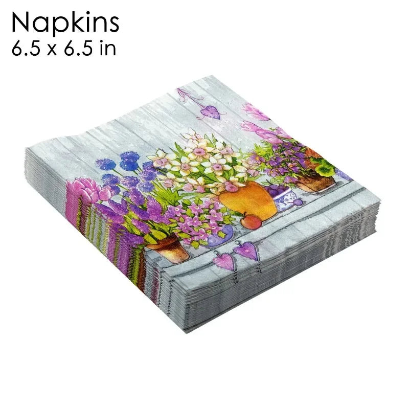 serviettes papier serviettes florales motif fleurs pots arrière plan bois rose violet bleu jaune