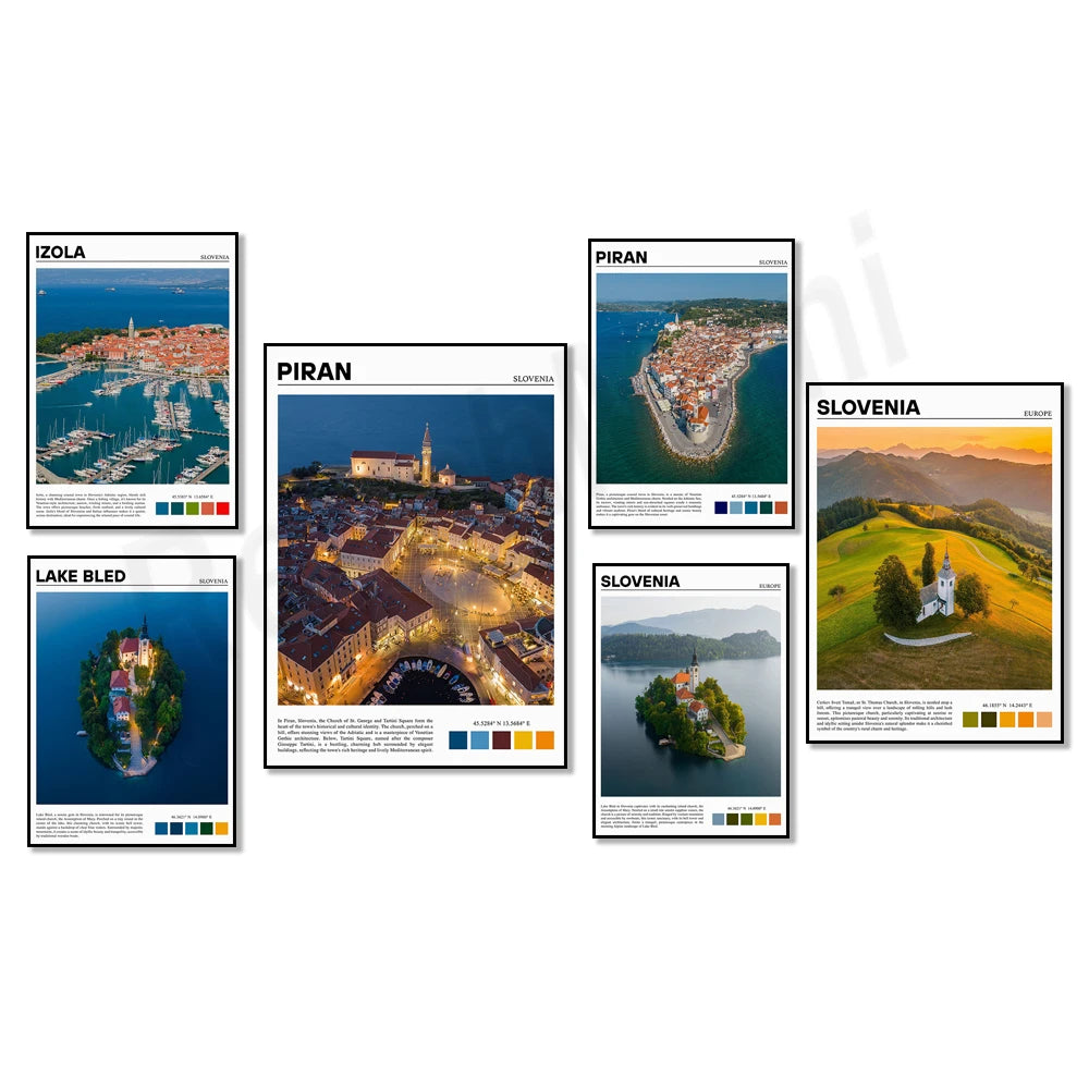 Cette image présente plusieurs affiches touristiques de différentes destinations slovènes, mettant en valeur des paysages pittoresques tels que l'île de Piran, le lac Bled et les montagnes slovènes.