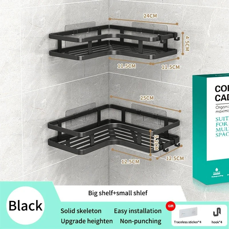 étagère salle bain angle double couche adhésive blanche noire moderne multifonctionnelle rangement muralement fixée