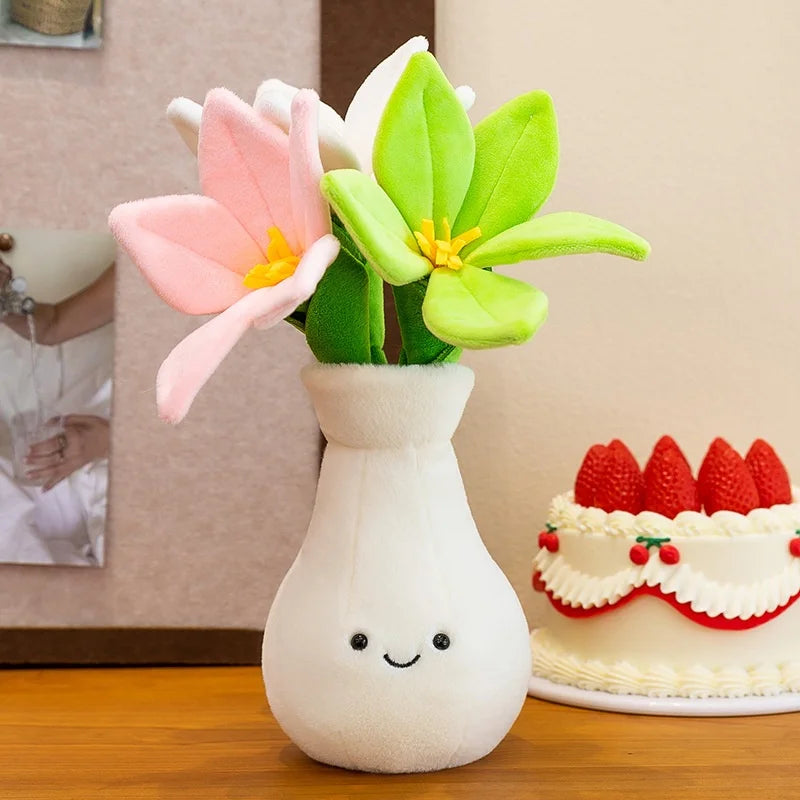 bouquet fleurs artificielles vase gourde blanc souriant intérieur décoration mignonne anniversaire mariage