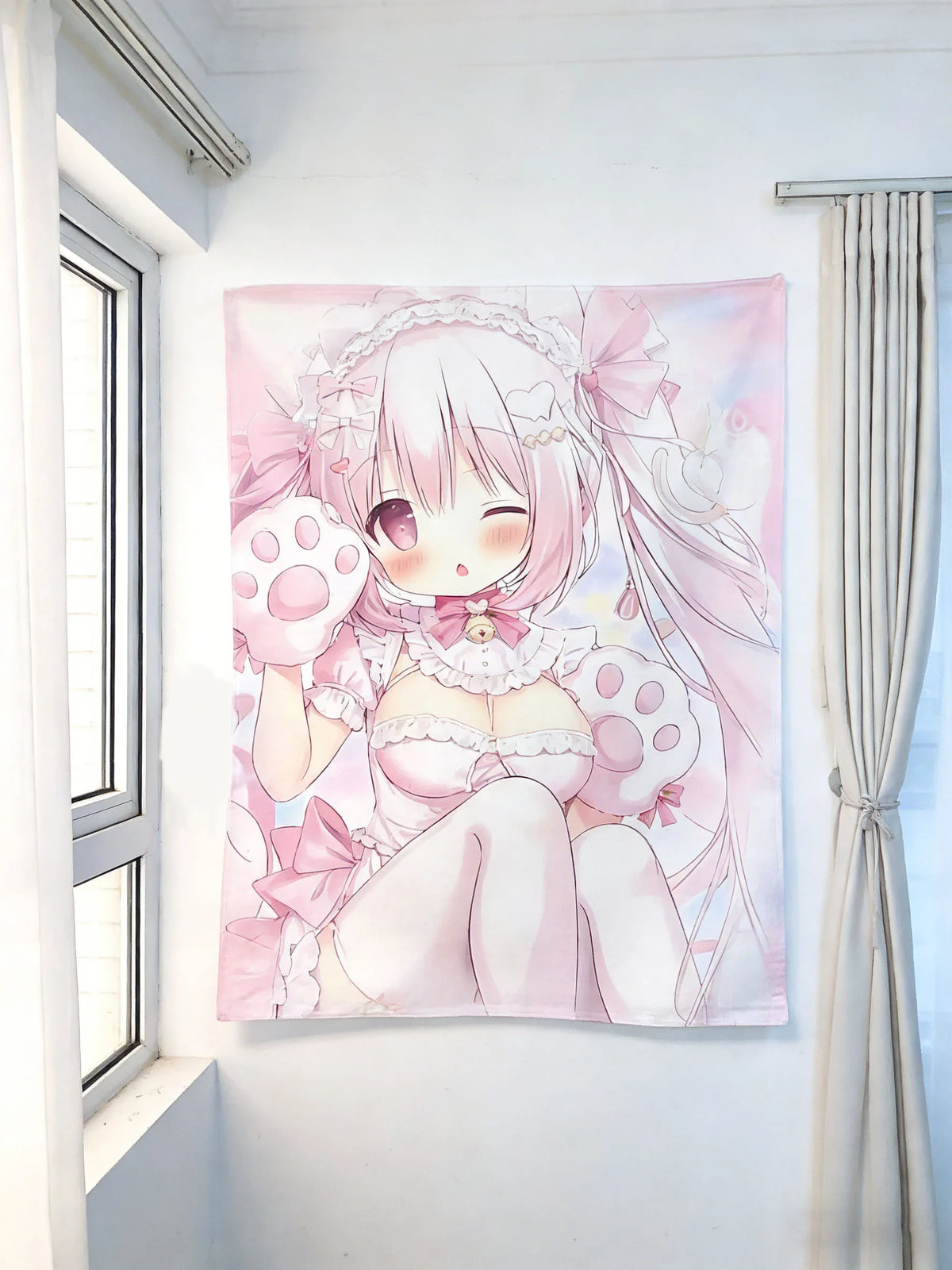 tapisserie anime fille rose polka dots motifs accessoires chambre ado decoration murale dessin animé
