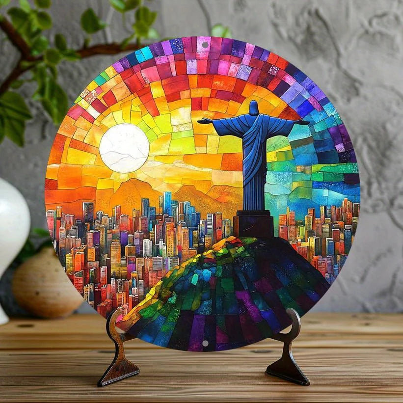 plaque décorative mosaïque multicolore christ redempteur soleil montagnes gratte ciels métal moderne 20cm