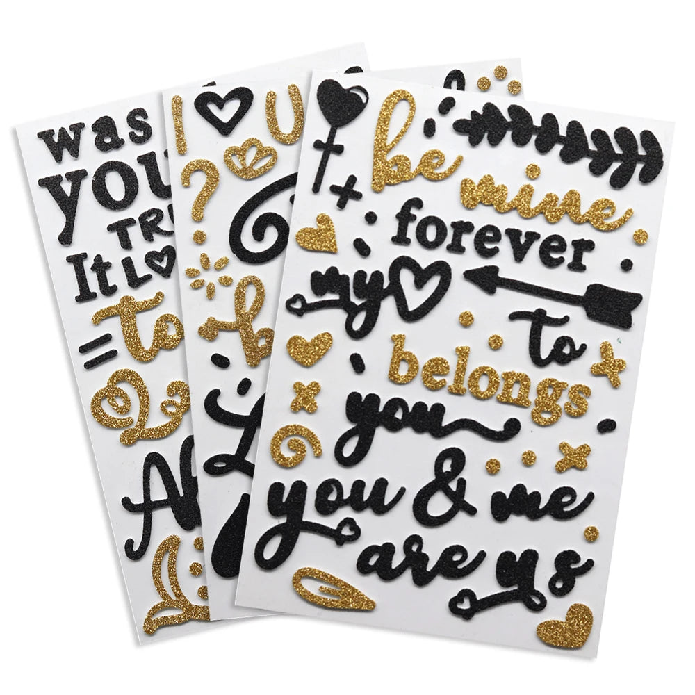 stickers décoratifs 3d pailletés lettres cœurs romantiques scrapbooking agenda journalisation