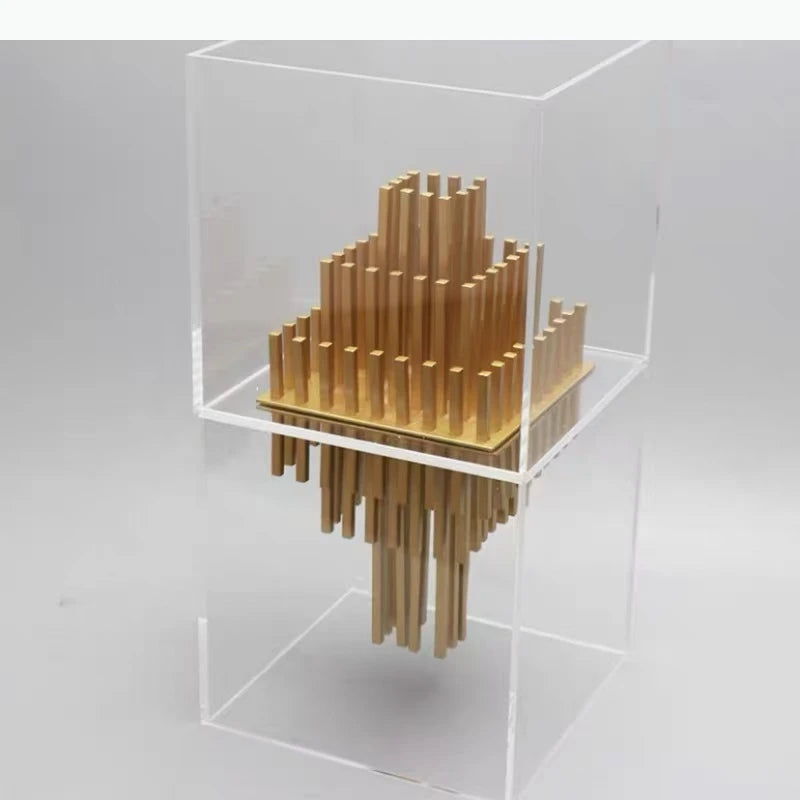 sculpture contemporaine or transparent structure abstraite minimaliste décoration intérieure cube transparent moderne architectural
